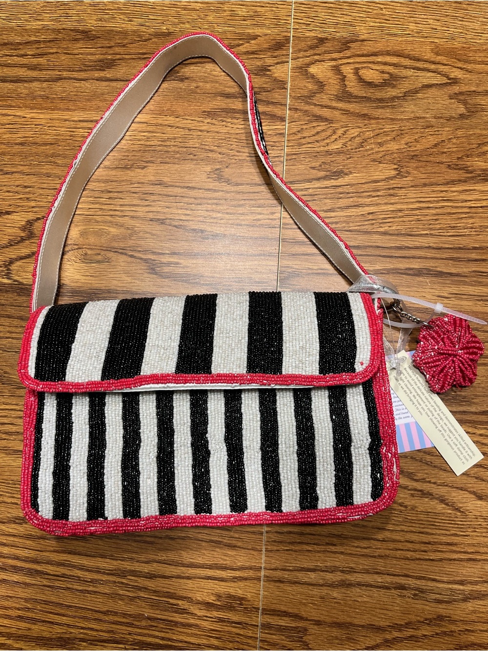 Beaded Black & White Striped Shoulder Bag with Pink Trim